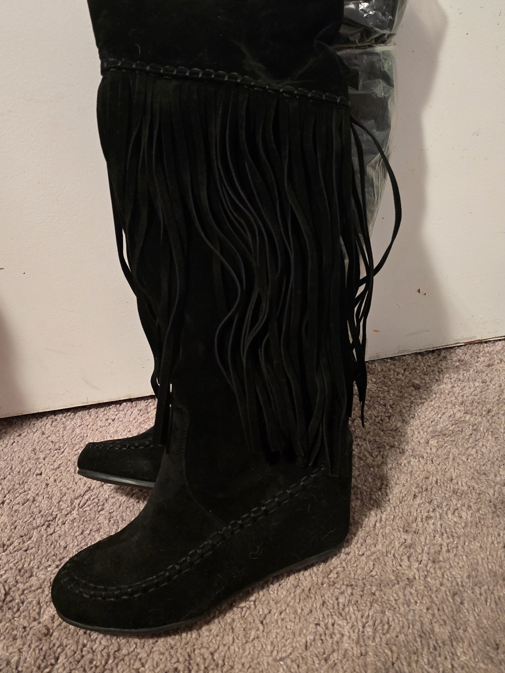 Size 8 Fringe Suede Wedge Knee-High Boots - Black
